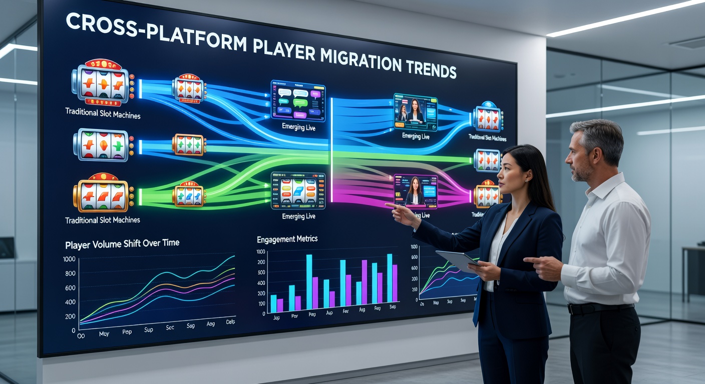 Infographic displaying cross-platform migration statistics with arrows connecting slot machine icons to live dealer table representations and regional data breakdowns