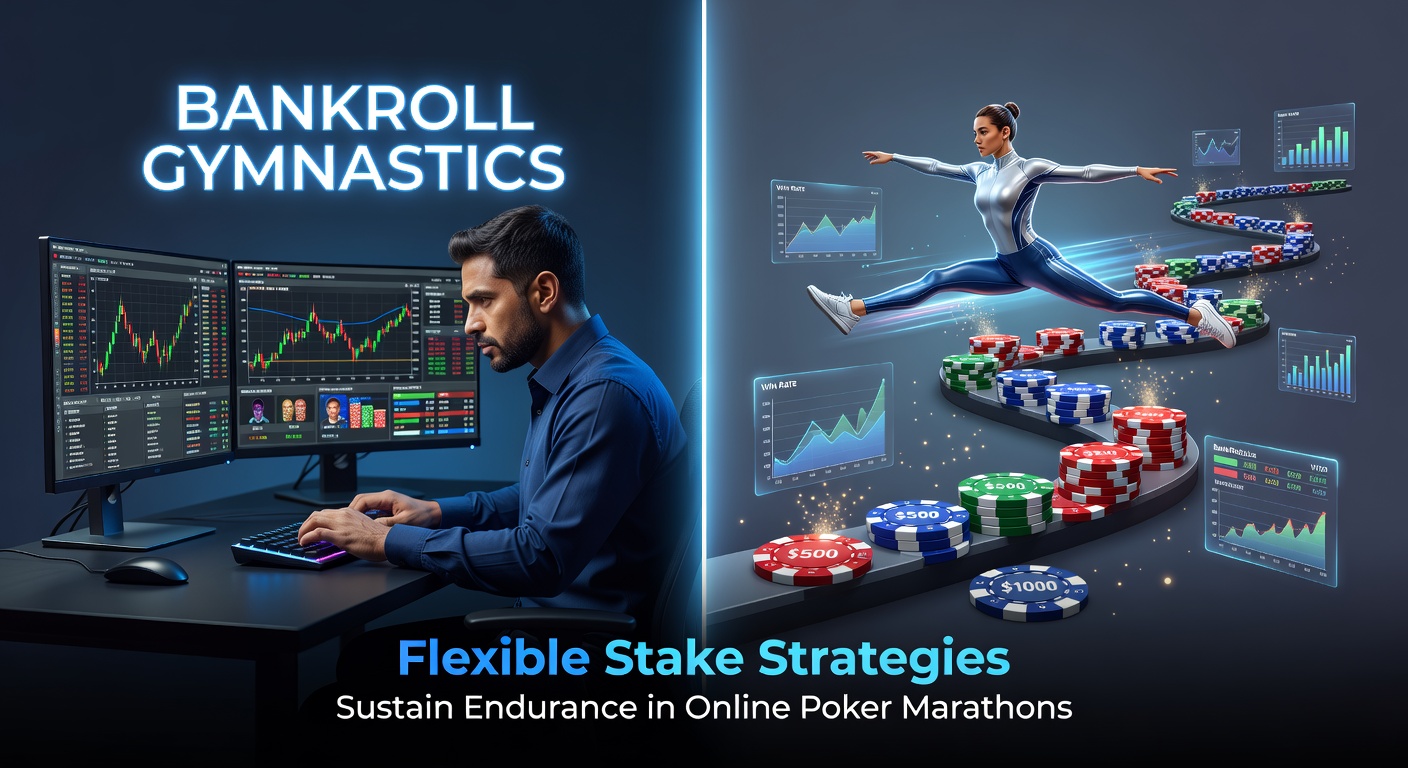Poker player adjusting stakes on a laptop during a long online session, charts showing bankroll fluctuations in the background