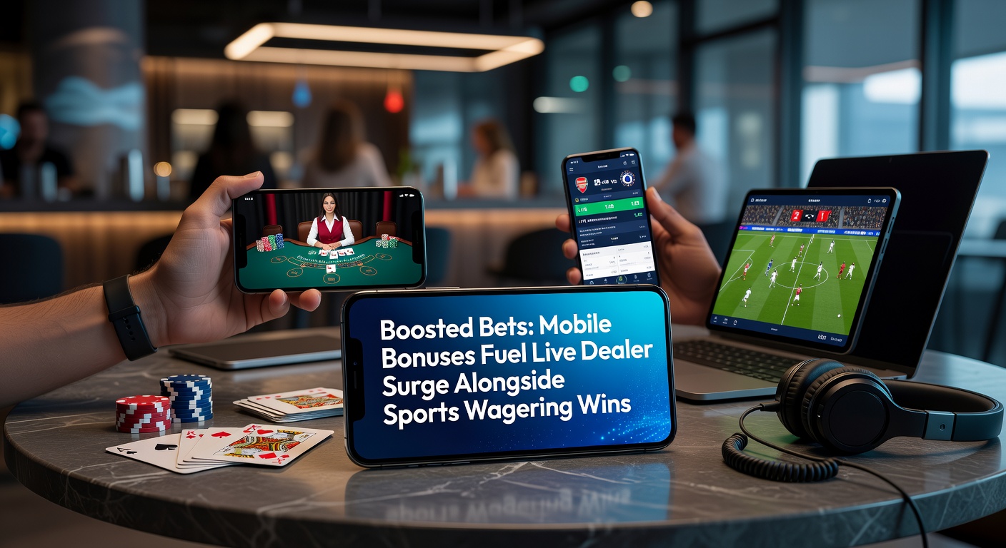 Vibrant mobile screen displaying live dealer blackjack with boosted bet promotions overlay and sports betting odds in the background