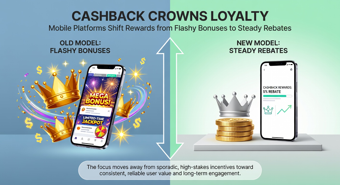 Graph showing rising cashback adoption in mobile apps versus declining bonus sign-ups, with loyalty retention metrics overlaid