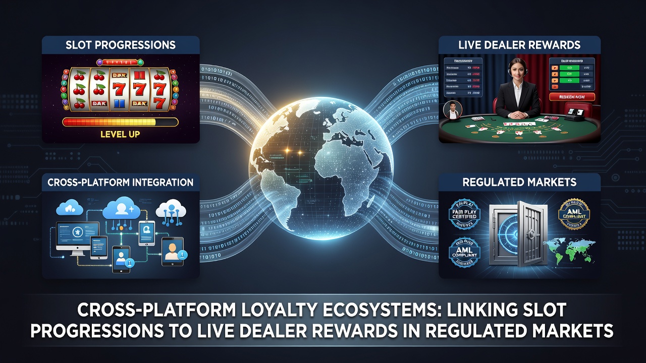 Cross-platform loyalty dashboard showing slot progression levels converting into live dealer rewards across multiple regulated gaming platforms