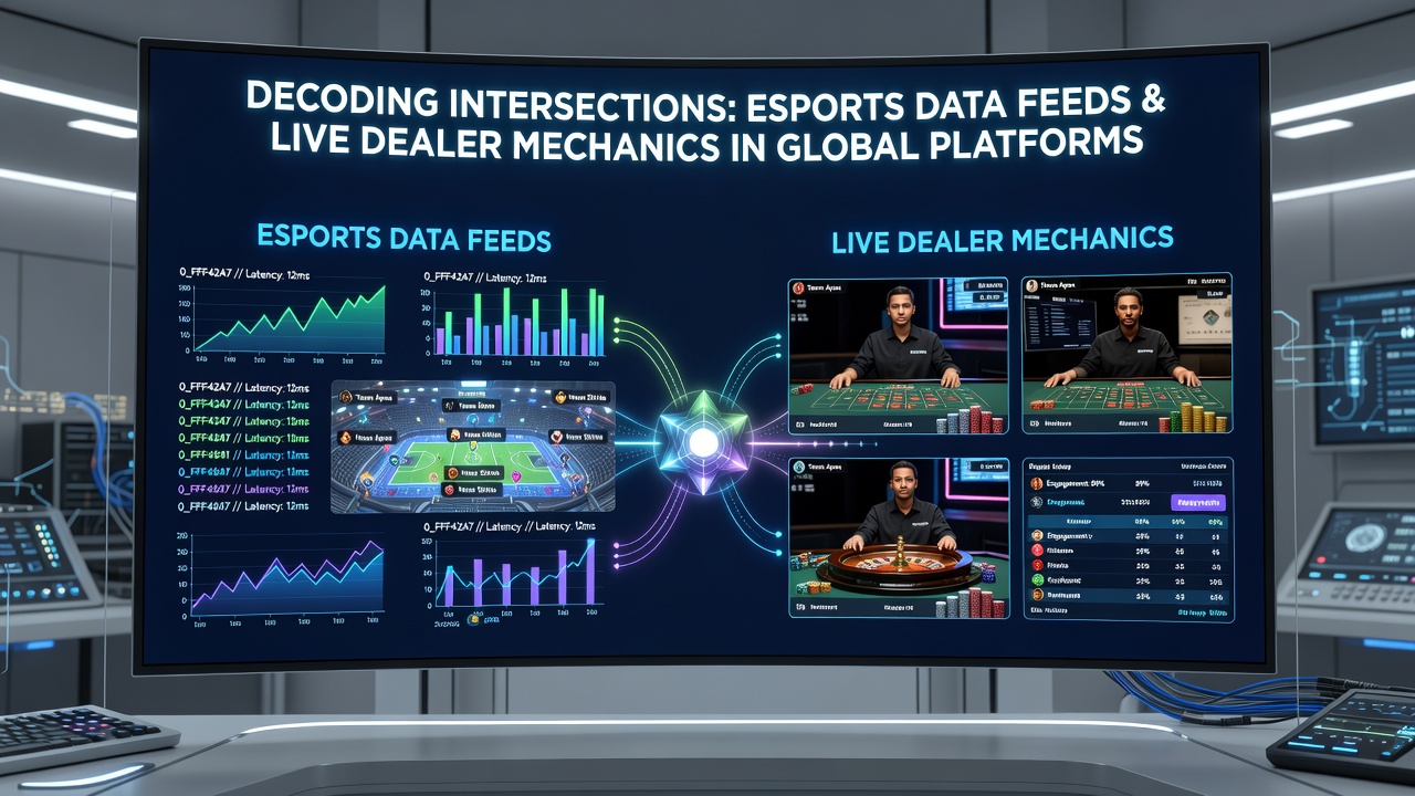 Live dealer interacting with players while esports statistics update on adjacent screen displays