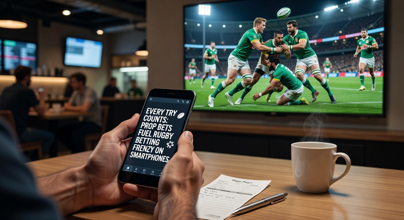 Rugby players charging toward the try line as smartphone screens glow with live prop bets overlayed