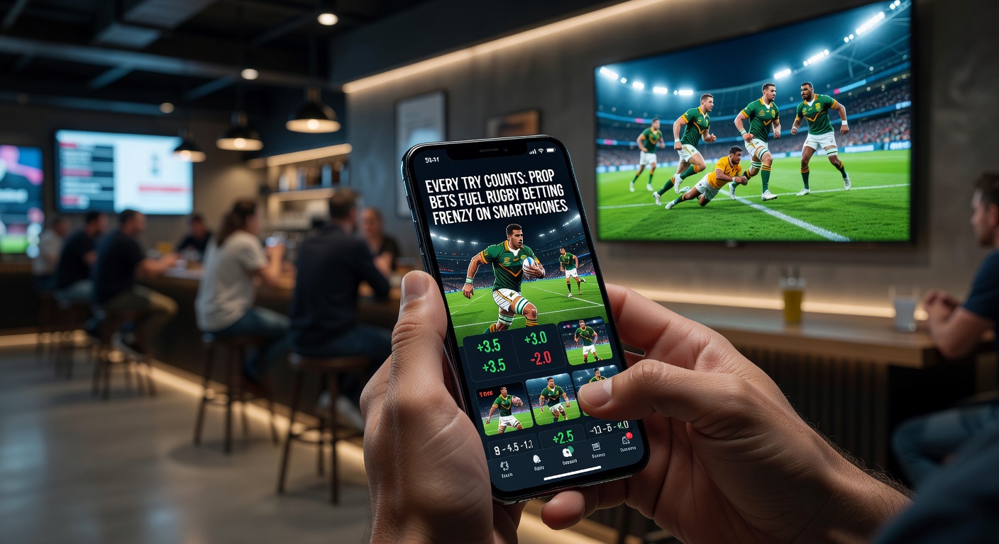 Smartphone displaying live rugby prop bets with try scorer odds and player stats scrolling