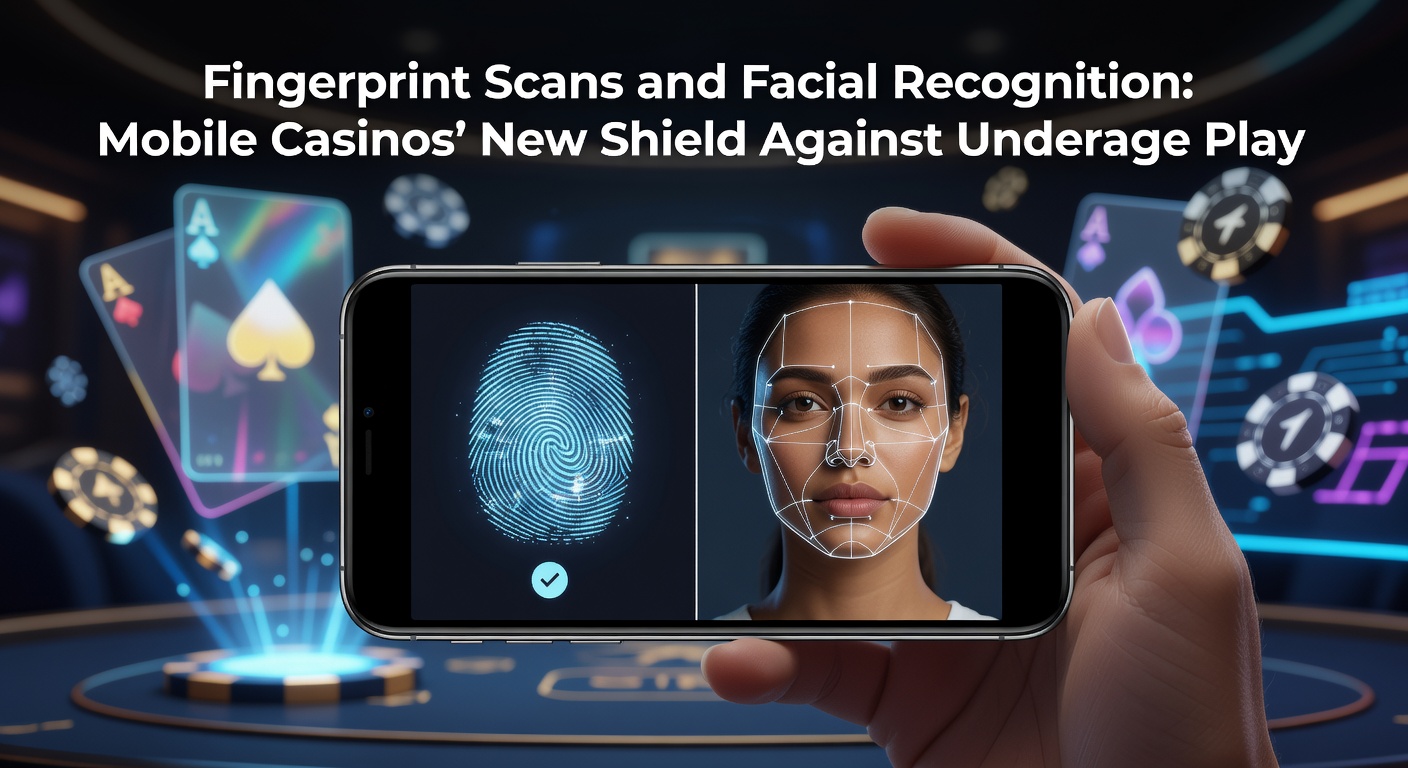 Close-up of a smartphone displaying a fingerprint scanner interface alongside a facial recognition prompt, symbolizing advanced age verification in mobile gaming apps