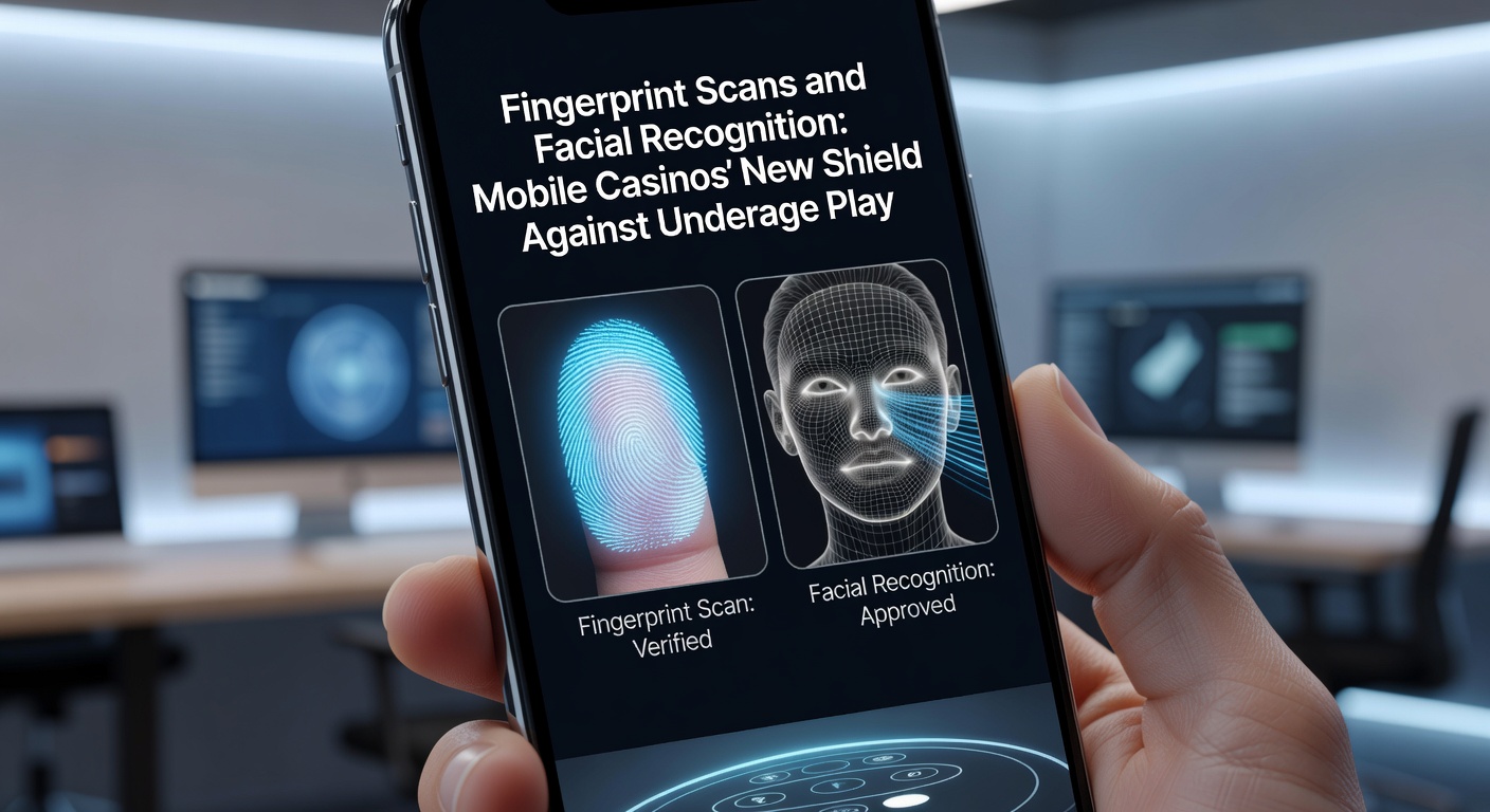Illustration of diverse users undergoing facial recognition verification on mobile devices, with security icons overlaying casino app interfaces to depict robust underage prevention measures