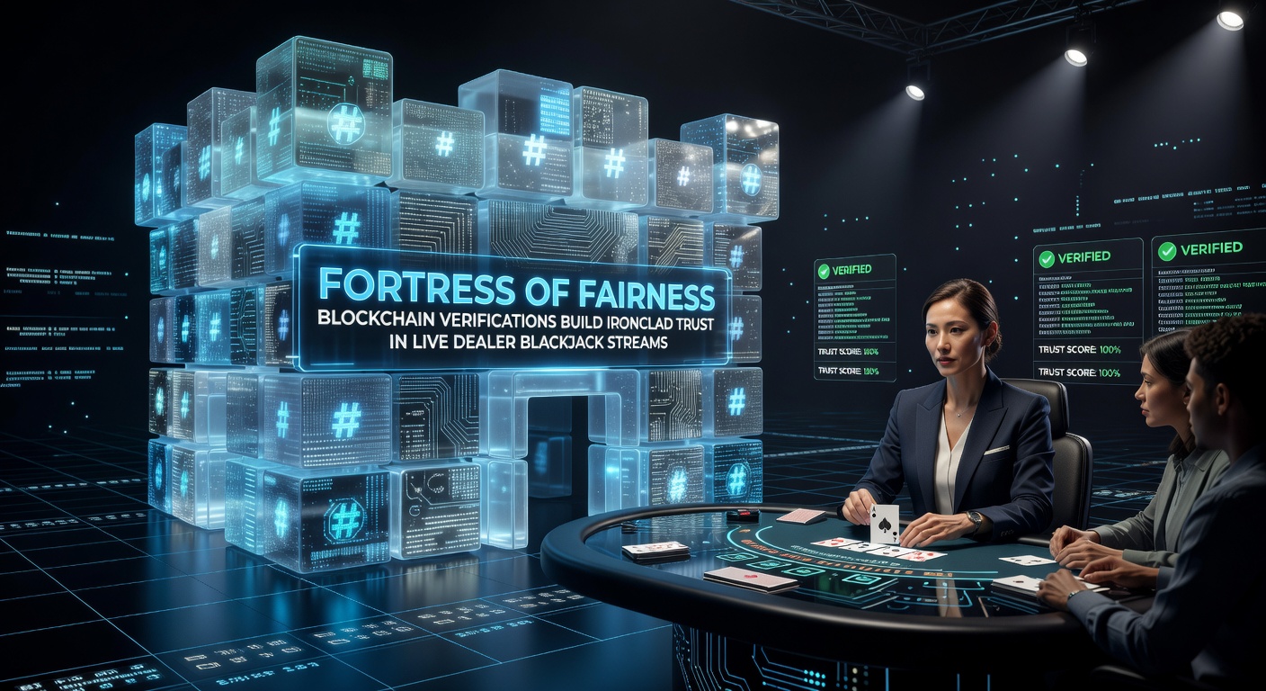 Live dealer blackjack table with holographic blockchain verification overlay displaying real-time hash confirmations on a digital screen