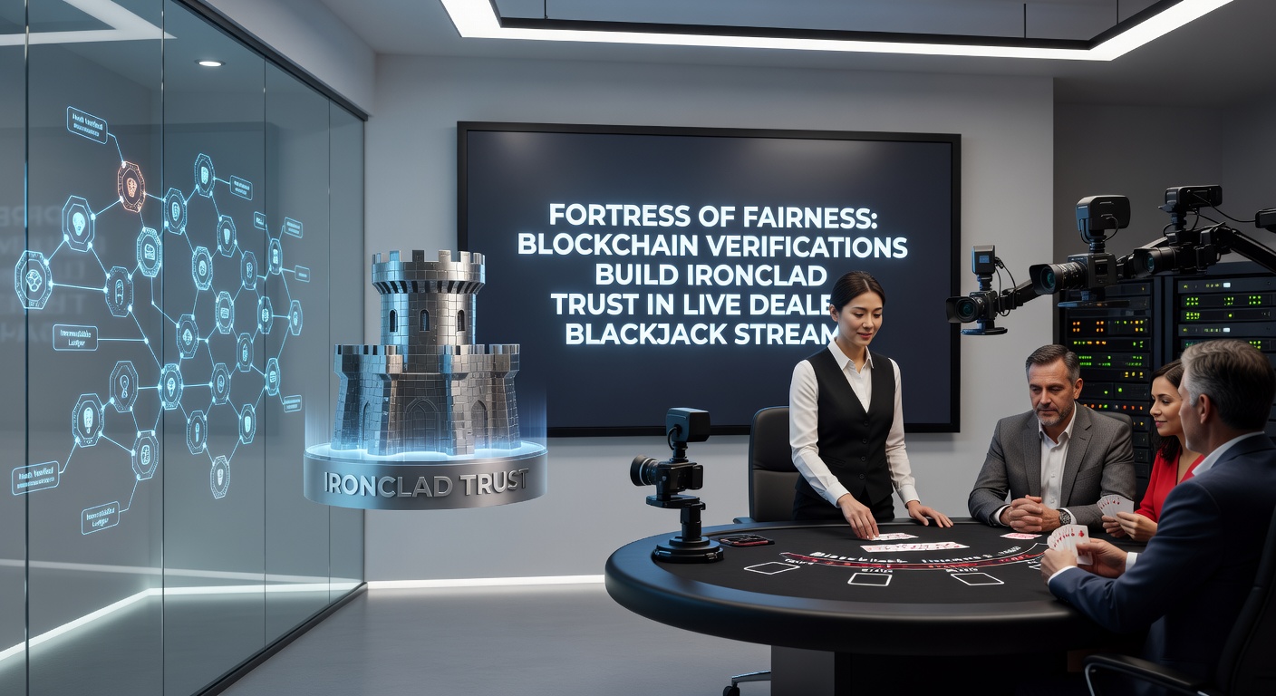 Close-up of a smartphone screen displaying a blockchain verifier app confirming a live blackjack hand's hash match, with dealer stream visible in split-view
