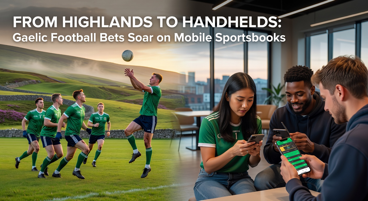 Gaelic football match in the misty Irish highlands with players clashing fiercely under dramatic skies