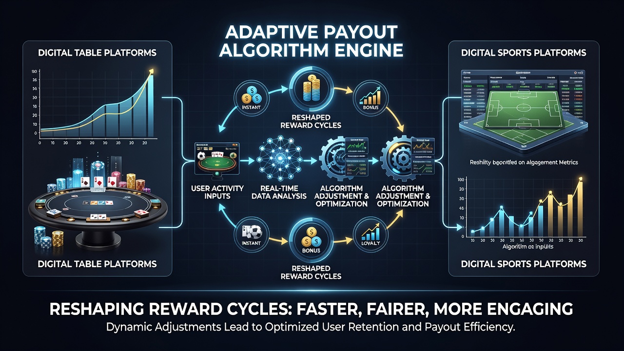 Diagram showing data flows and payout adjustments in adaptive algorithms for sports and table game platforms