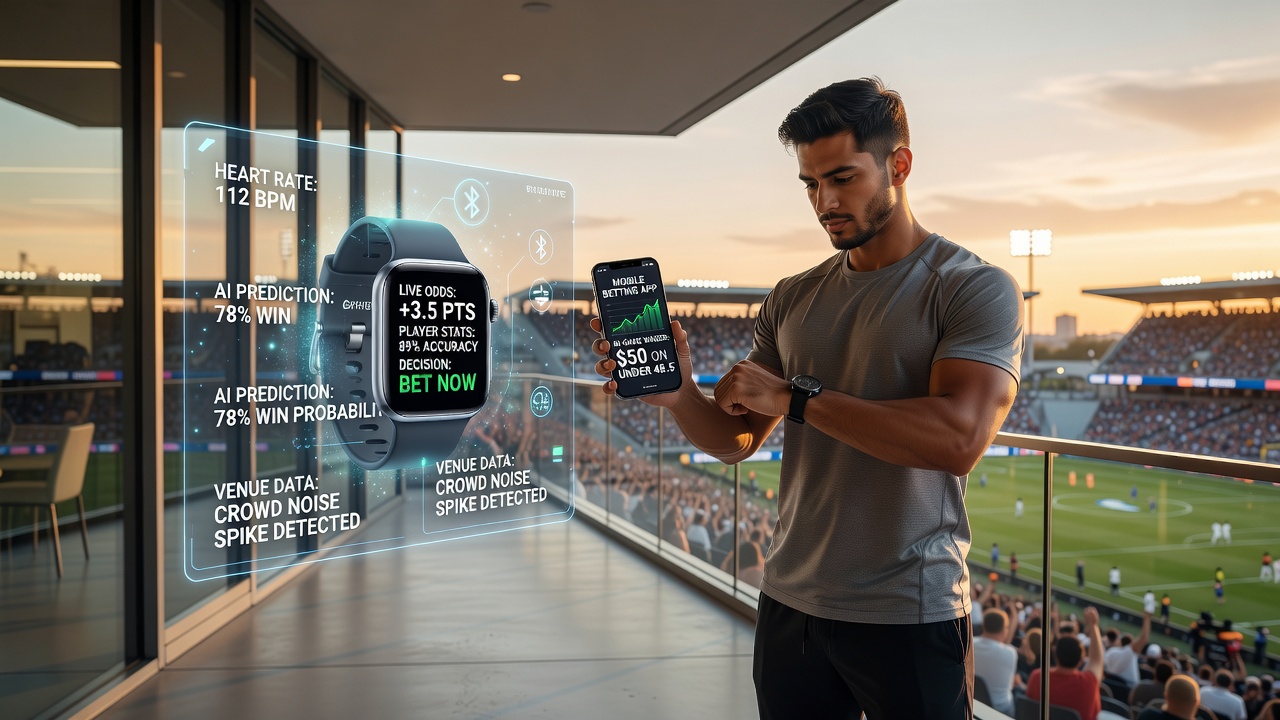 Mobile phone and smartwatch side by side showing synchronized sports betting interfaces and live stats