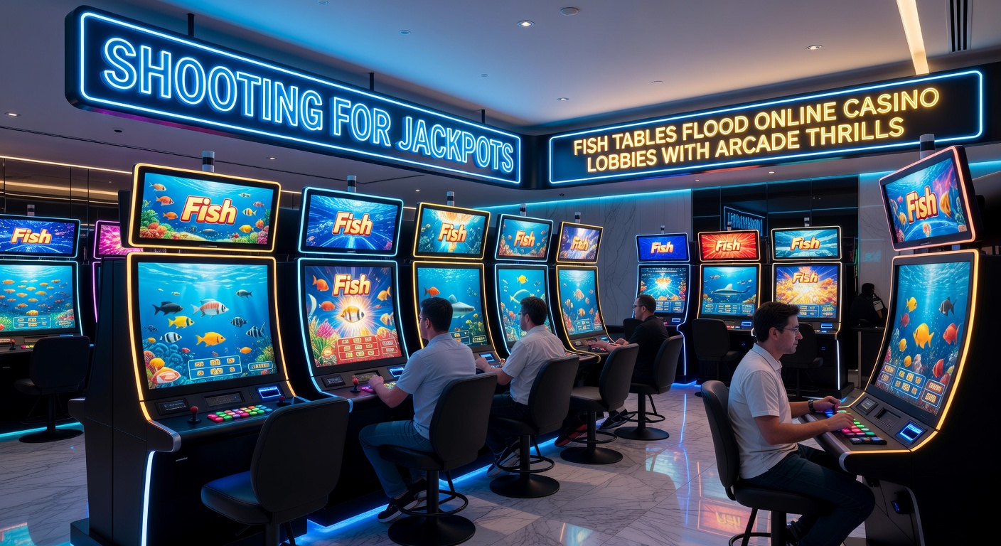 Vibrant online fish table game interface showing colorful fish swimming and players aiming shots at jackpot targets
