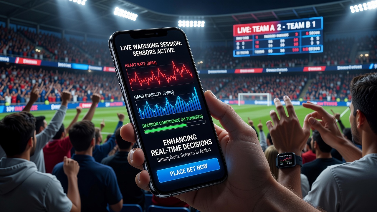 Close-up view of smartphone heart rate sensor and biometric feedback during an active sports wagering session