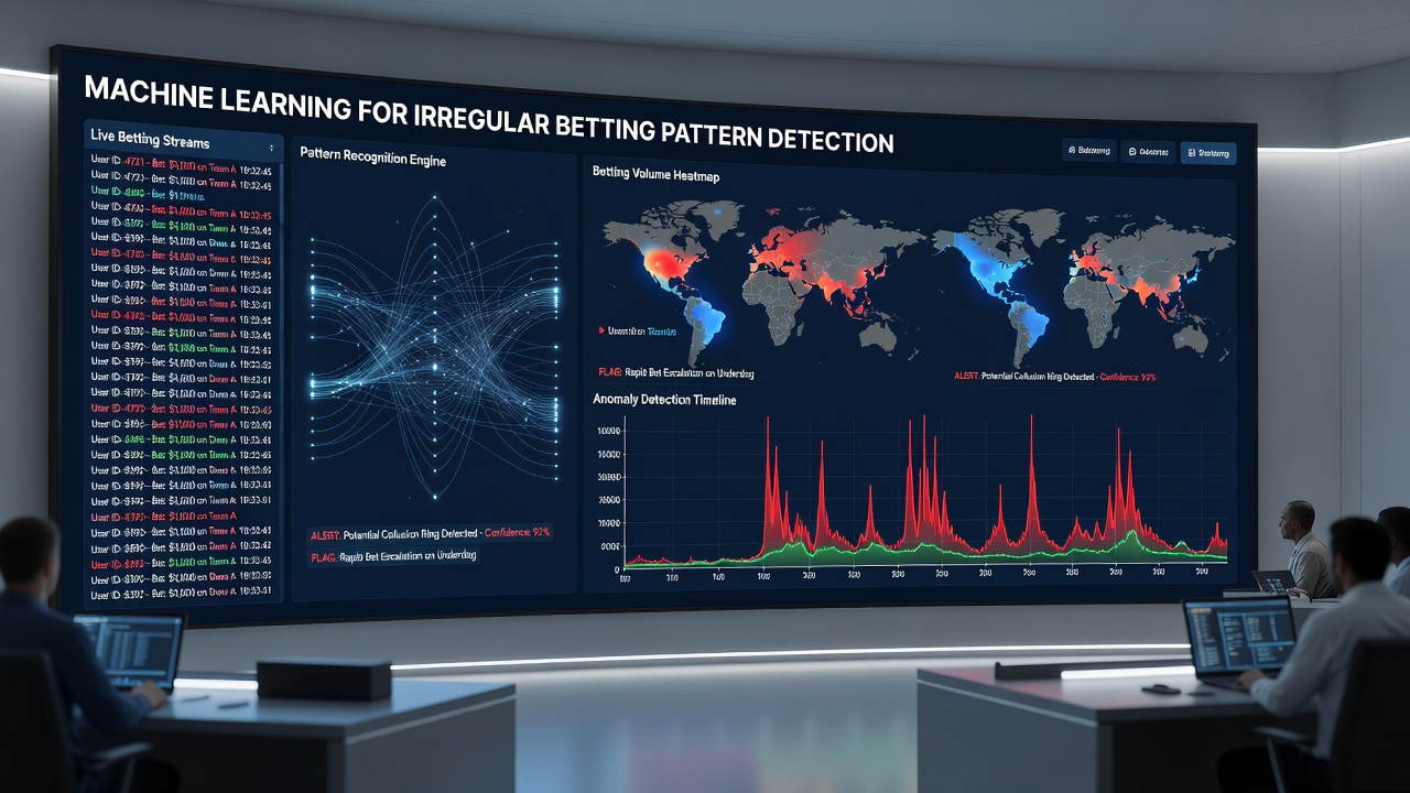 Sports betting control room with analysts reviewing machine learning alerts