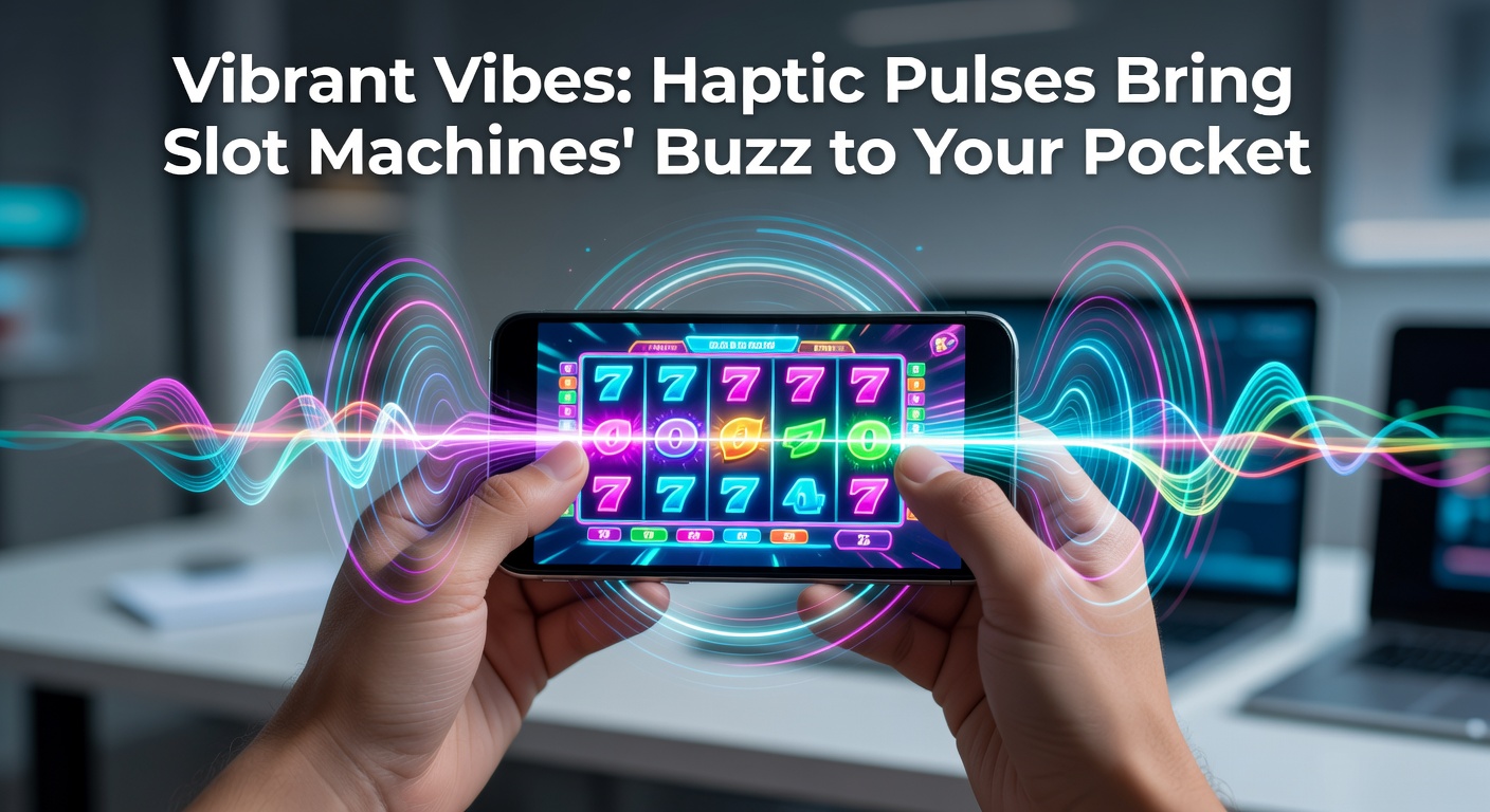 Smartphone screen displaying a vibrant slot machine game with haptic feedback pulses simulating reel spins and wins