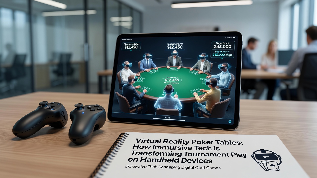 Players engaging with virtual poker tables through immersive handheld technology in a tournament setting